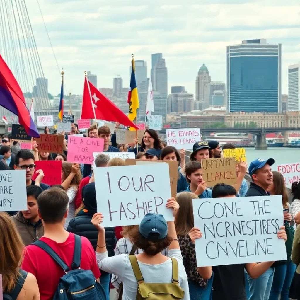 Demonstrators at Margaret Hunt Hill Bridge protesting against Trump's policies.