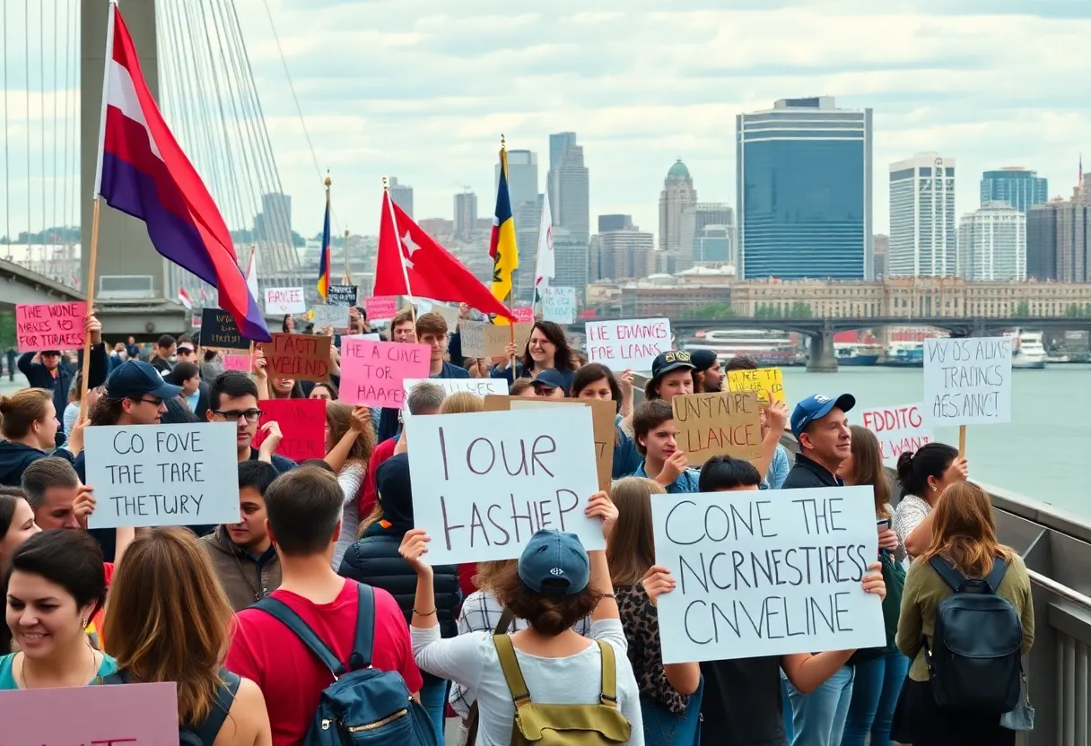 Demonstrators at Margaret Hunt Hill Bridge protesting against Trump's policies.