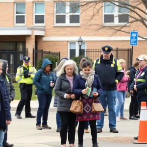 Parents waiting outside of a school during an evacuation.