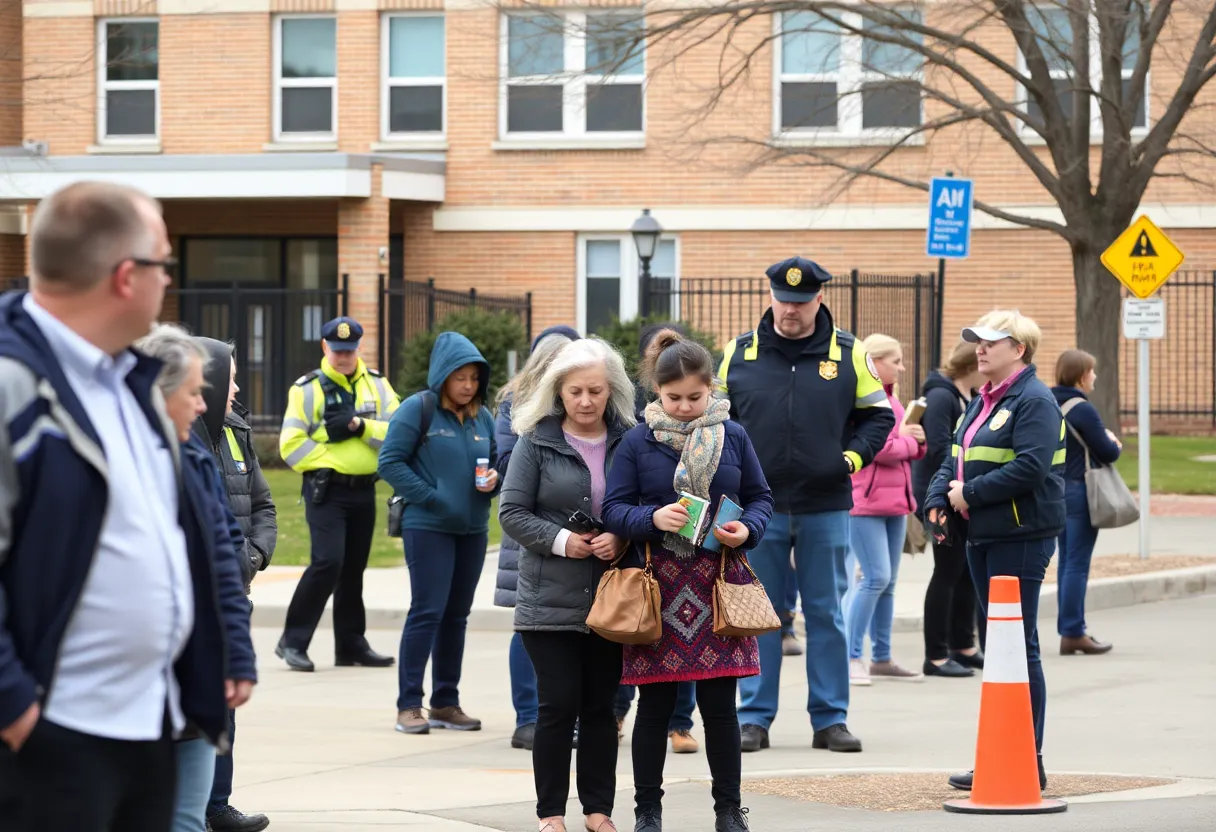 Parents waiting outside of a school during an evacuation.