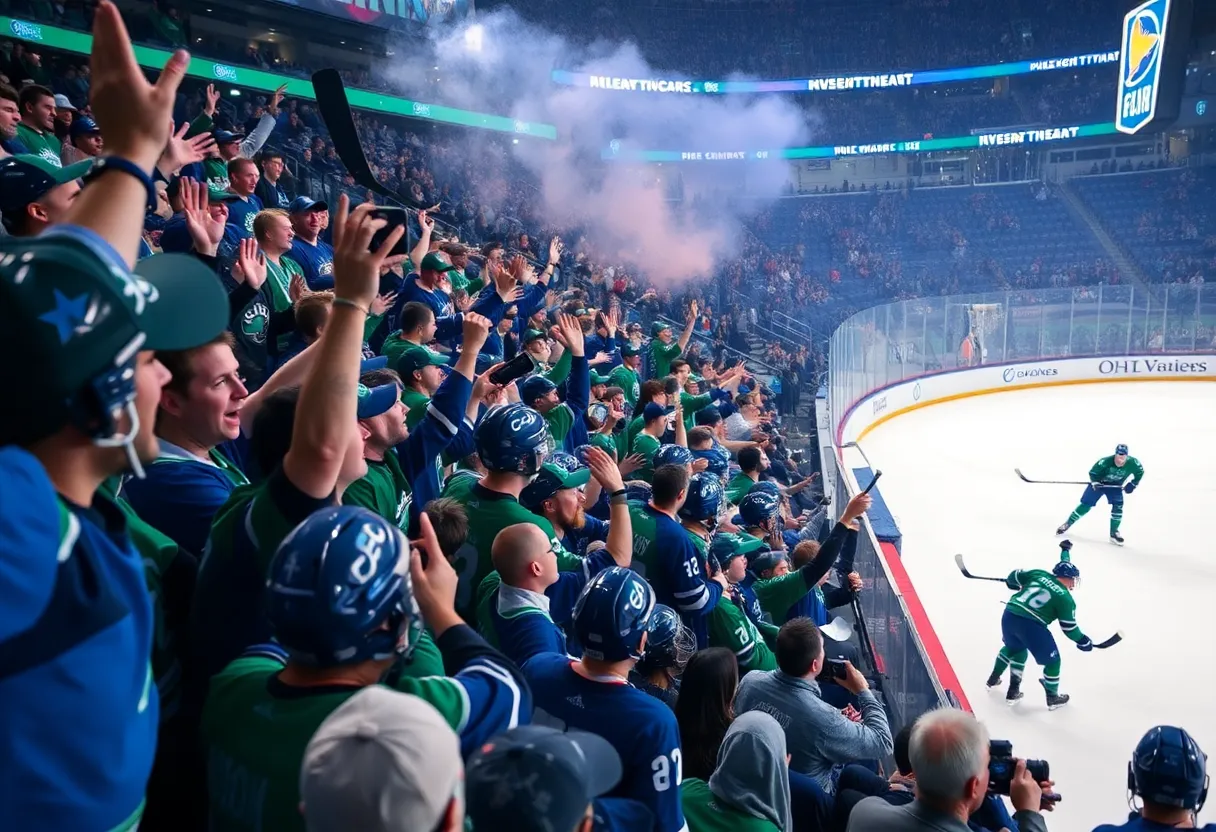 Thrilling playoff hockey game with Dallas Stars fans.