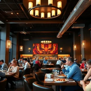 Interior view of an upscale steakhouse in Dallas, showcasing modern decor and diners.