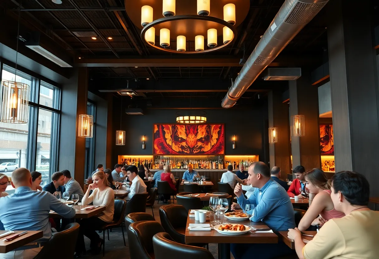 Interior view of an upscale steakhouse in Dallas, showcasing modern decor and diners.