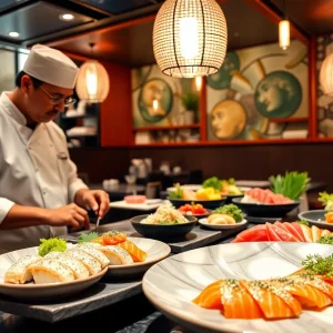 Chef preparing sushi in a modern Dallas restaurant.
