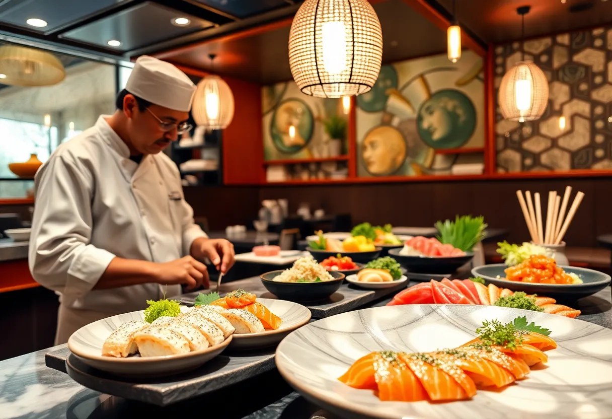 Chef preparing sushi in a modern Dallas restaurant.