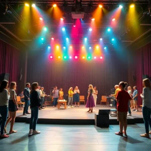 Vibrant stage set at Dallas Theater Center with performers rehearsing