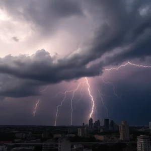 Severe thunderstorm clouds over Dallas skyline