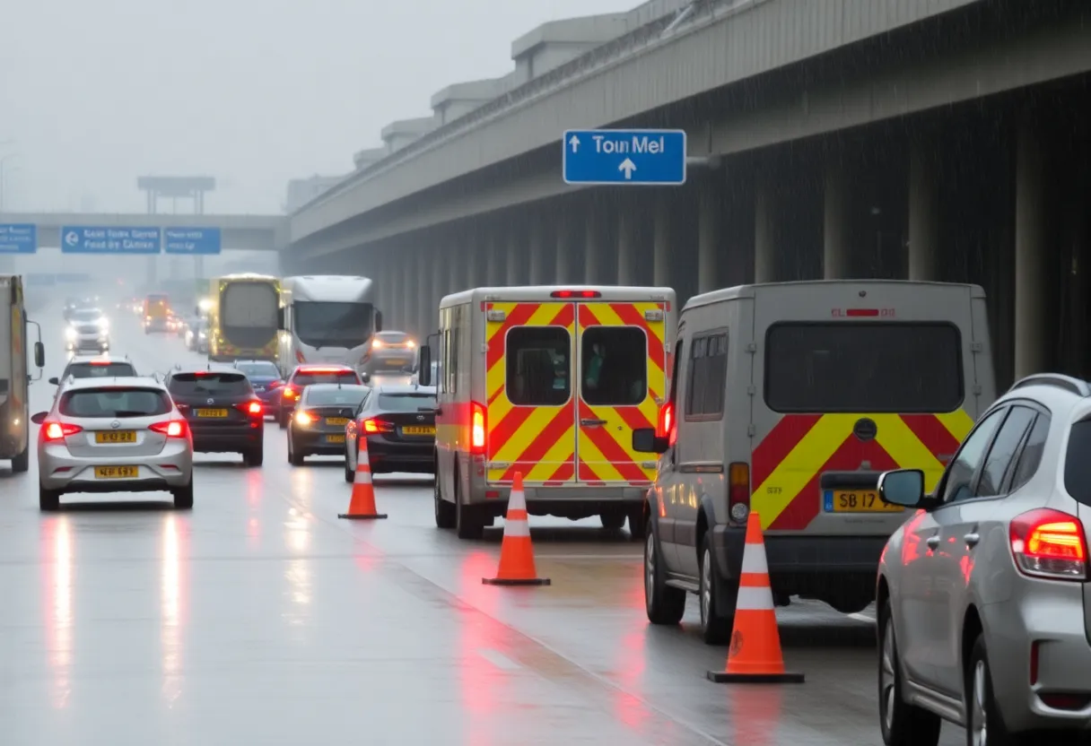 Highway traffic congested due to accidents and storms in Dallas.
