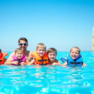 Family at a swimming pool focusing on swim safety with flotation devices.