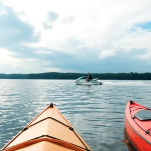 Serene view of Grapevine Lake with kayaks and a jet ski
