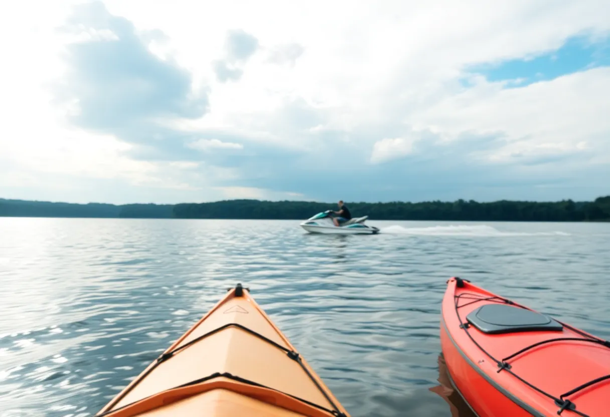 Serene view of Grapevine Lake with kayaks and a jet ski