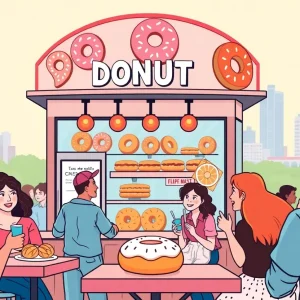 Exterior view of Hypnotic Donuts shop with customers enjoying doughnuts