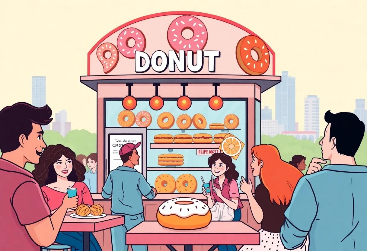 Exterior view of Hypnotic Donuts shop with customers enjoying doughnuts