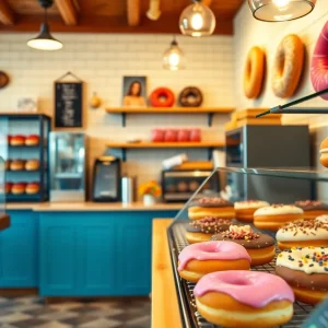 Interior of Hypnotic Donuts shop with various artisan doughnuts.