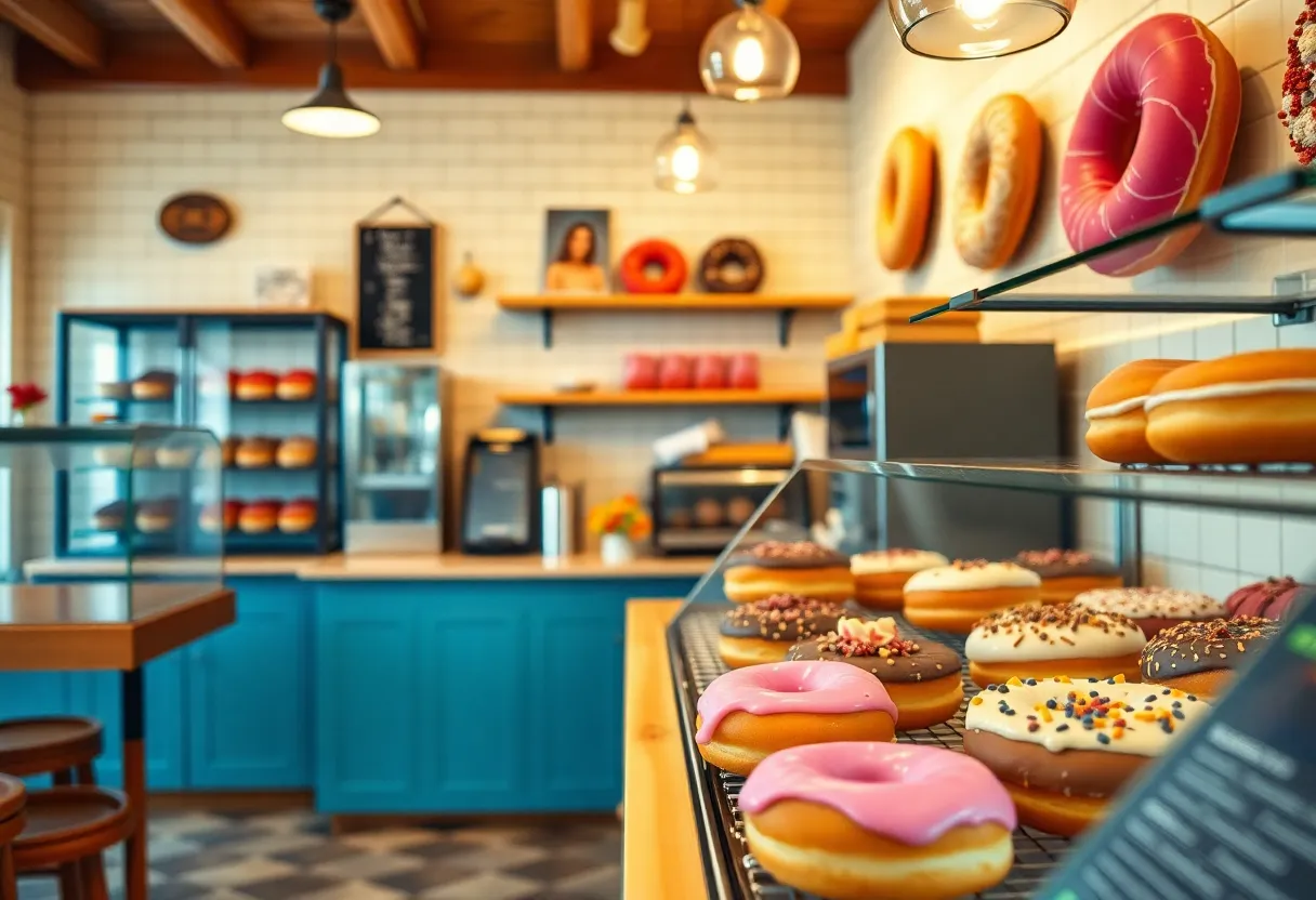 Interior of Hypnotic Donuts shop with various artisan doughnuts.