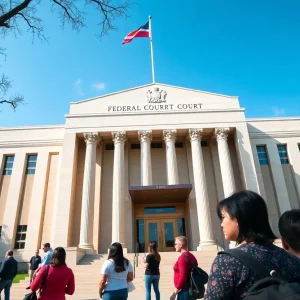 Federal courthouse in Dallas with individuals attending immigration hearings