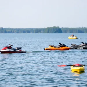 Lakeside recreation scene with jet skis and kayaks