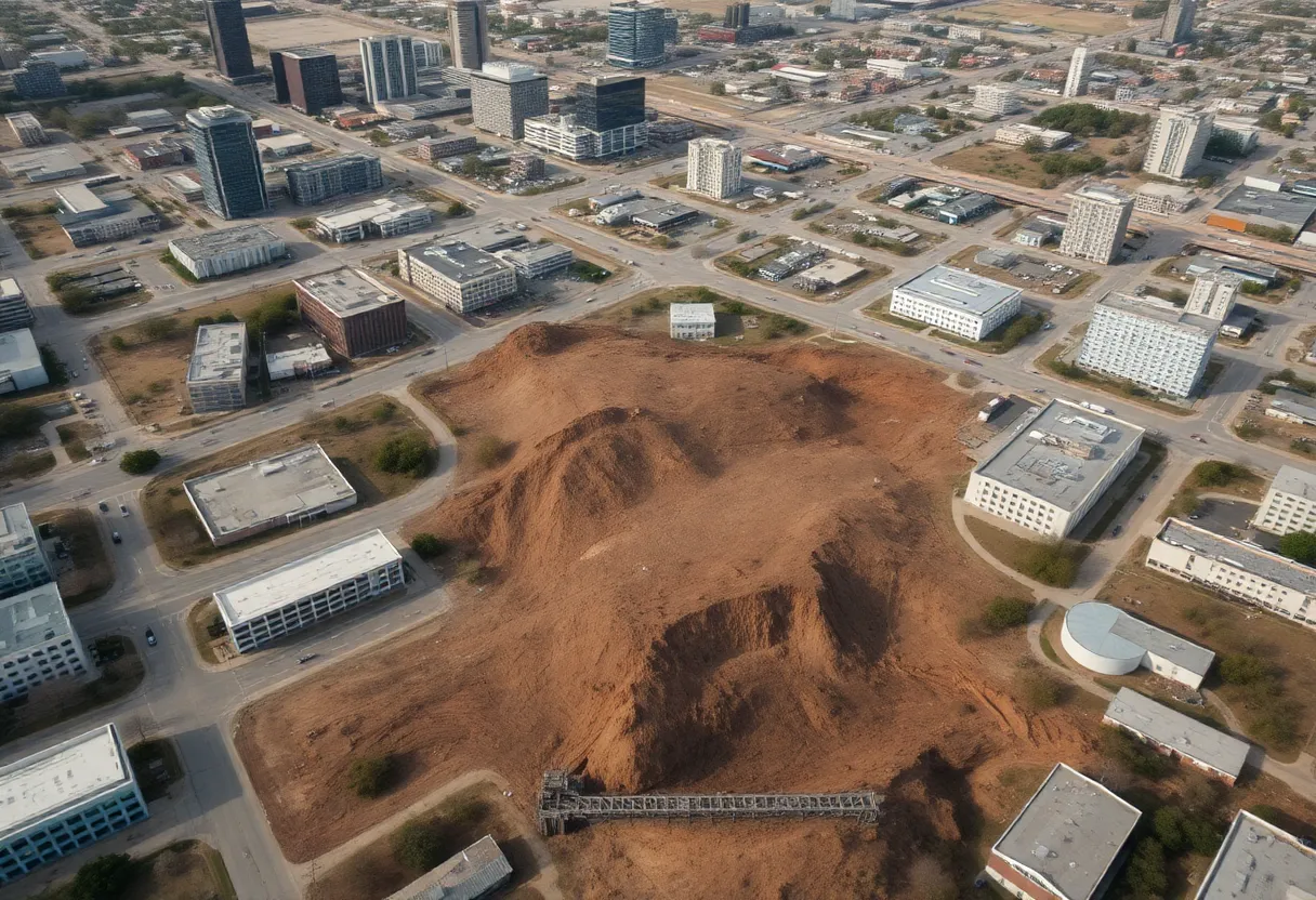 Aerial view of Dallas showing infrastructure affected by land subsidence.