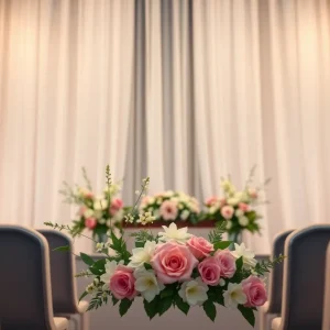 Memorial service setting with flowers and candles