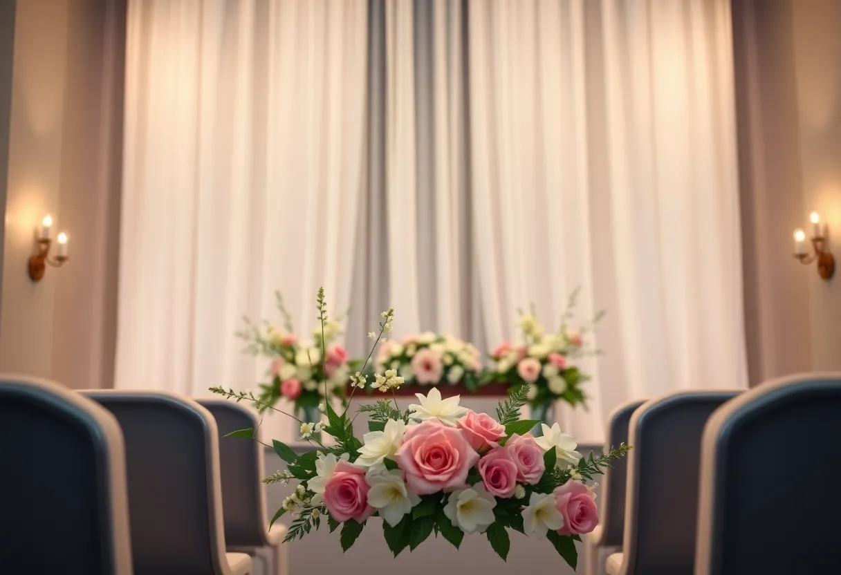Memorial service setting with flowers and candles