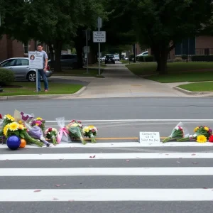 Memorial set up for a young boy at a school crosswalk