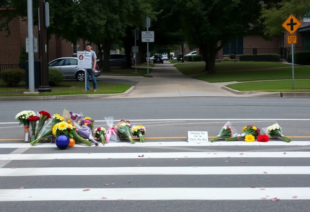Memorial set up for a young boy at a school crosswalk