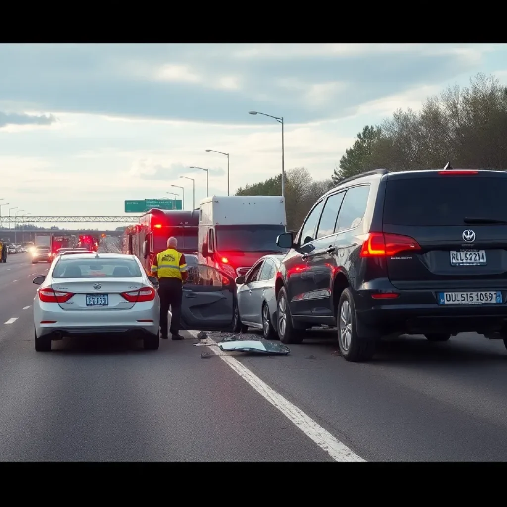 Aftermath of a multi-vehicle crash involving sports cars on U.S. Highway.