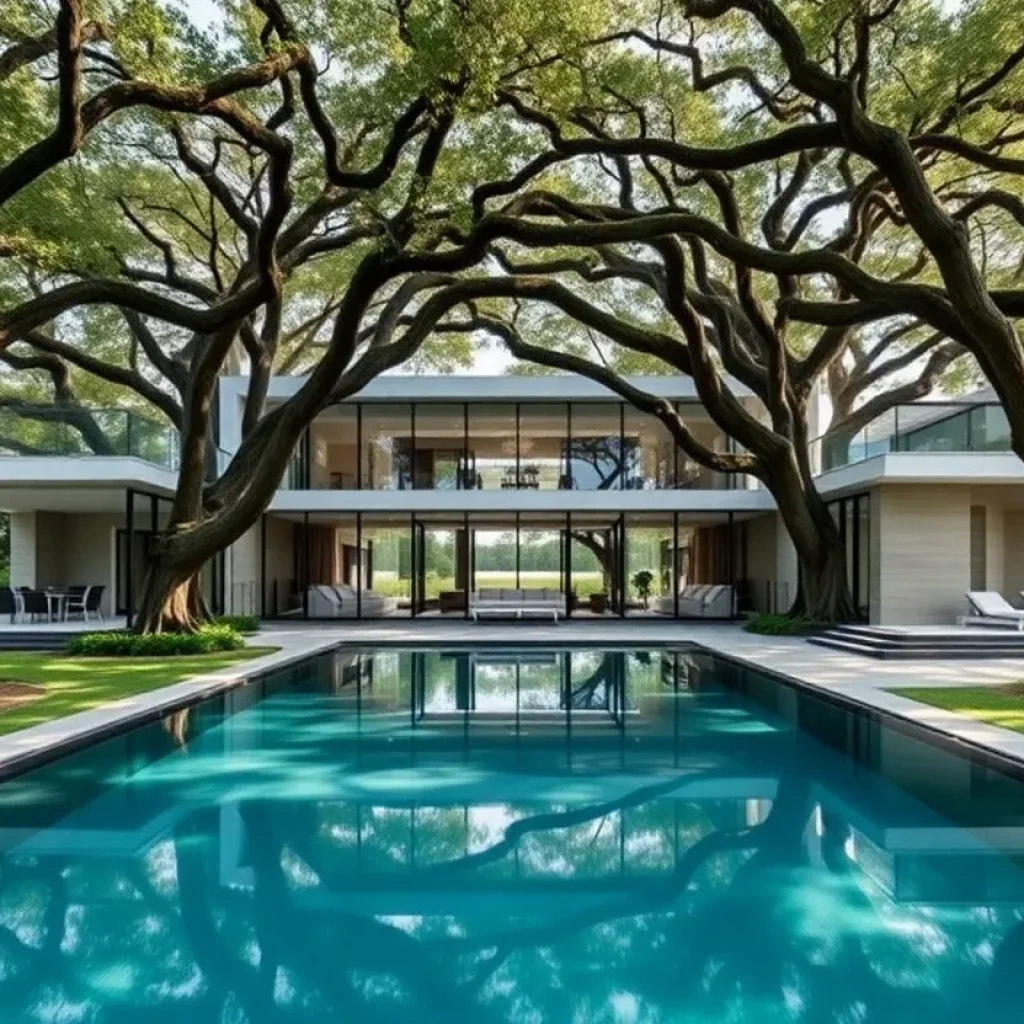 Exterior view of the Nimmo Glass House highlighting its glass design and pool area.