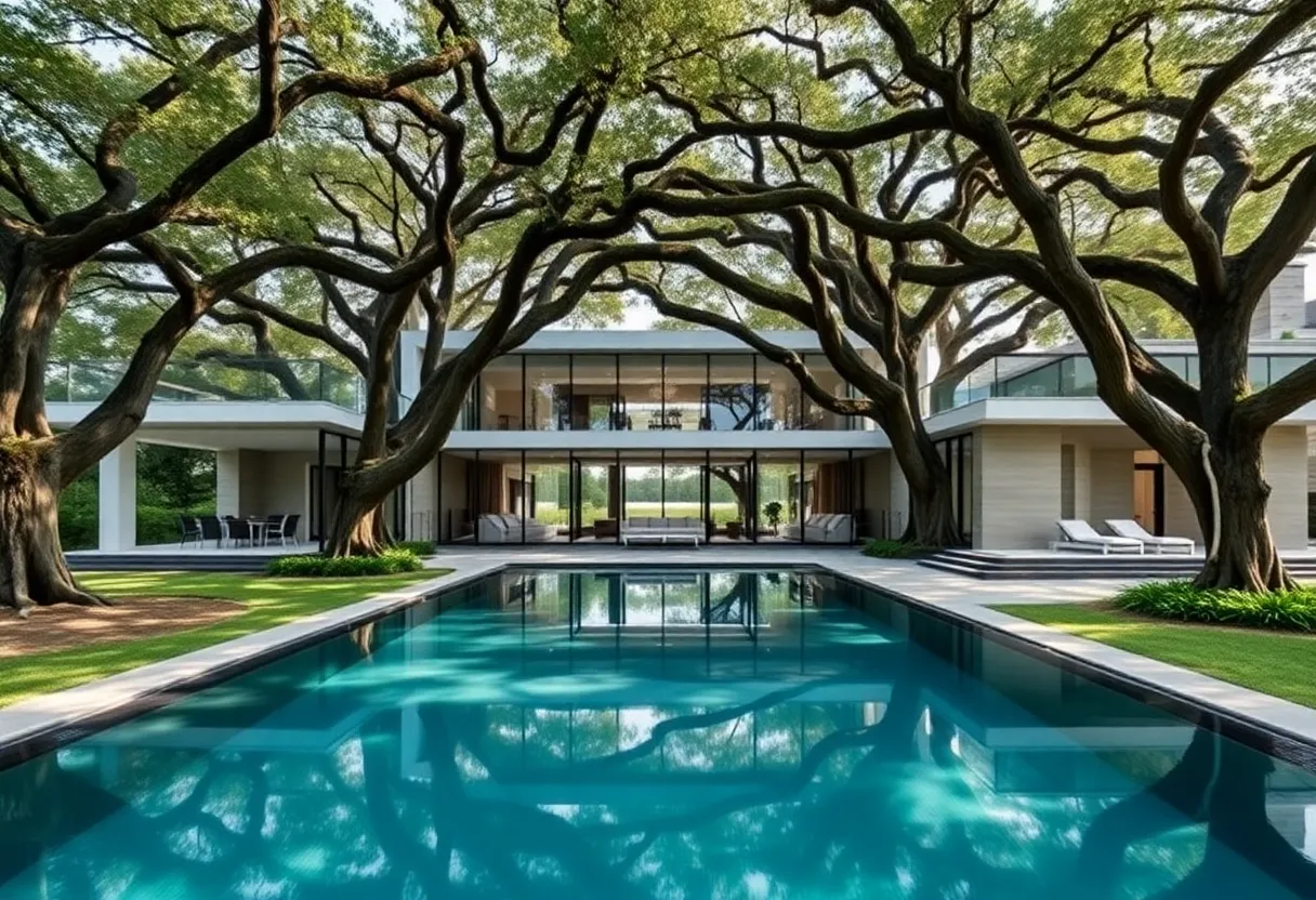 Exterior view of the Nimmo Glass House highlighting its glass design and pool area.