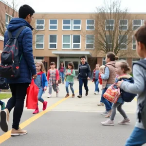 A school zone promoting pedestrian safety with children and parents.