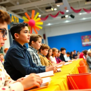 Participants engaged in the Scripps National Spelling Bee showcasing their spelling talent.