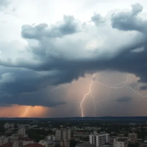 Dramatic storm clouds over Dallas, Texas, indicating a severe thunderstorm watch.