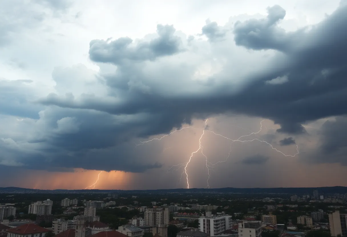 Dramatic storm clouds over Dallas, Texas, indicating a severe thunderstorm watch.
