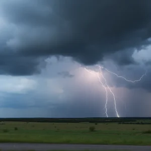 Dark storm clouds over North Texas landscape