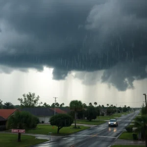 Dark storm clouds and lightning over a Texas landscape