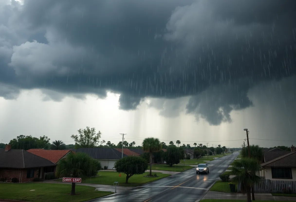 Dramatic scene of severe weather affecting Texas with storm clouds and heavy rainfall.
