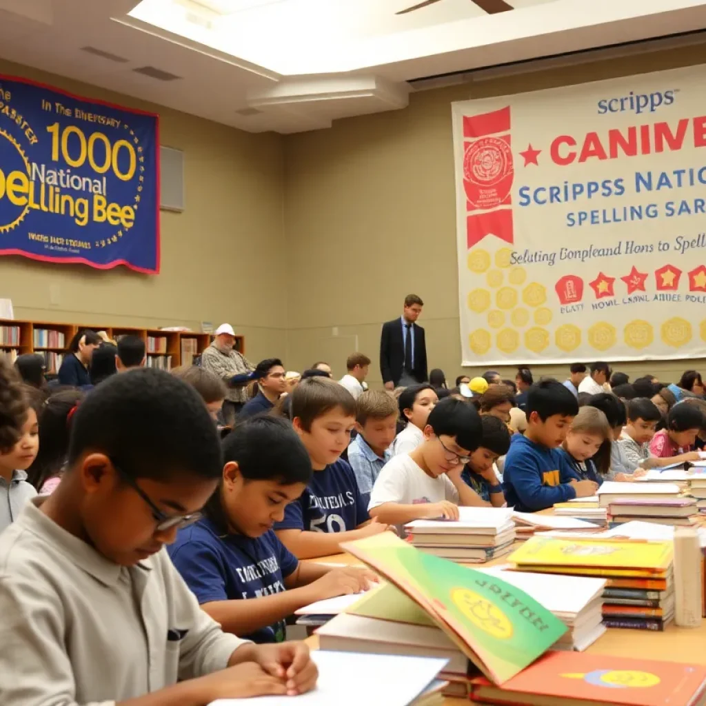 Children competing in a spelling bee with books and banners in the background.