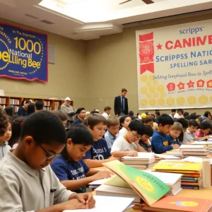Children competing in a spelling bee with books and banners in the background.