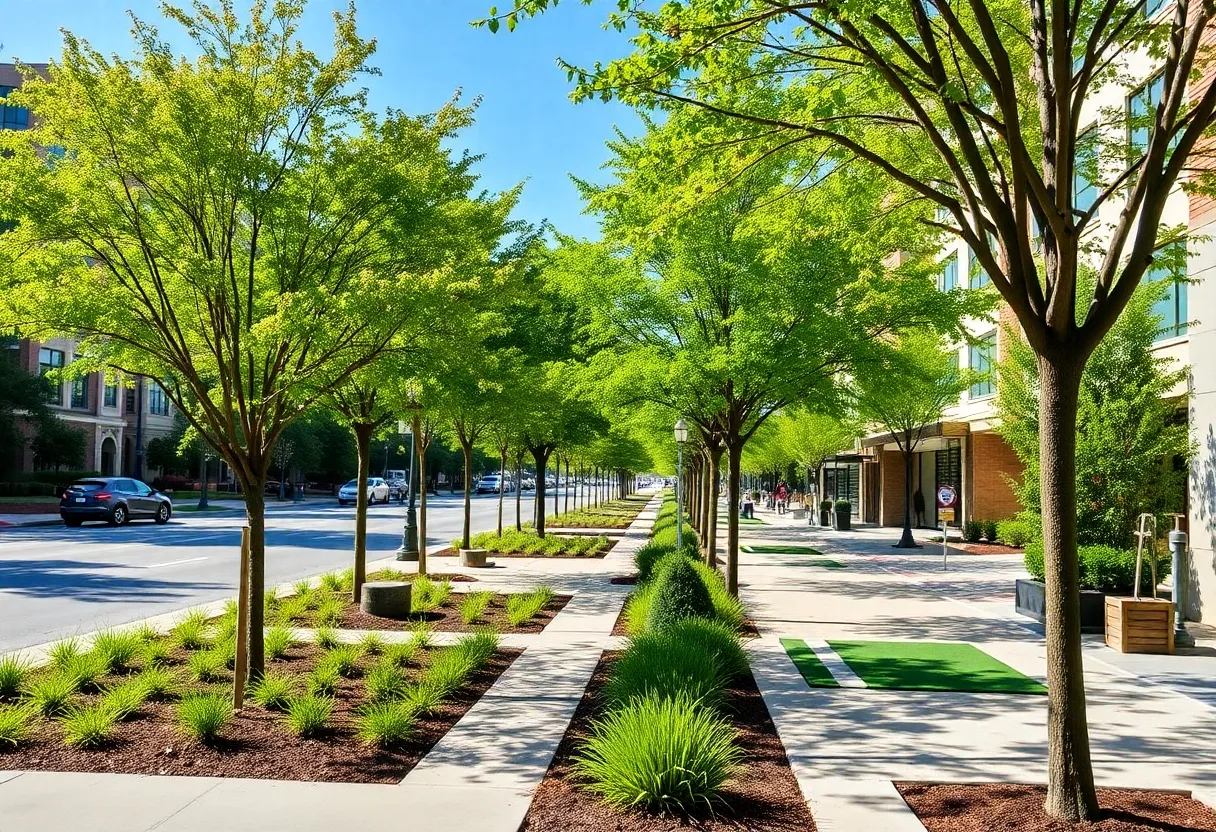 Lemmon Avenue Streetscape Project with trees and walking trails.