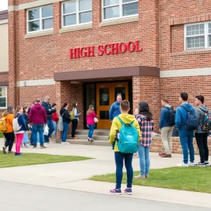 Students waiting outside David W. Carter High School during evacuation
