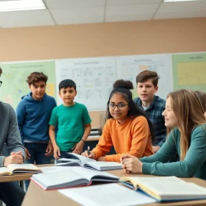 Diverse students collaboratively learning in a classroom