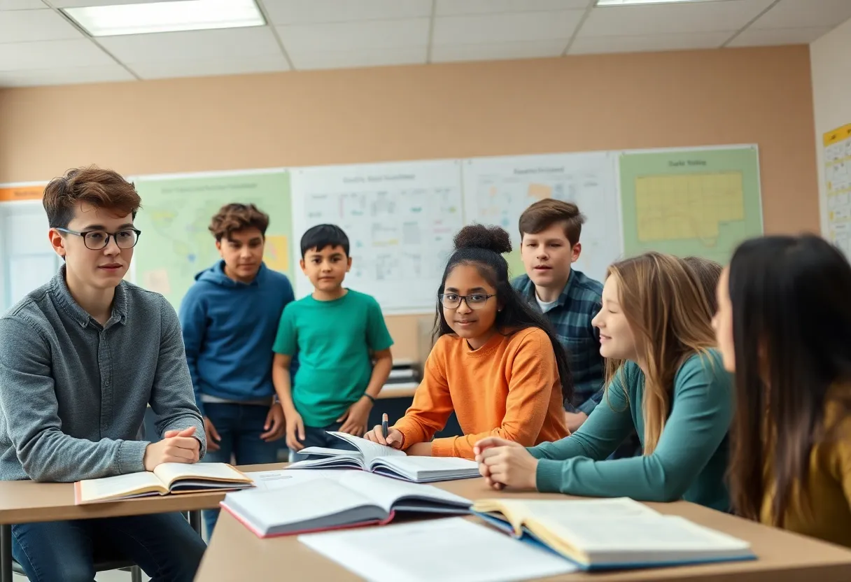 Diverse students collaboratively learning in a classroom