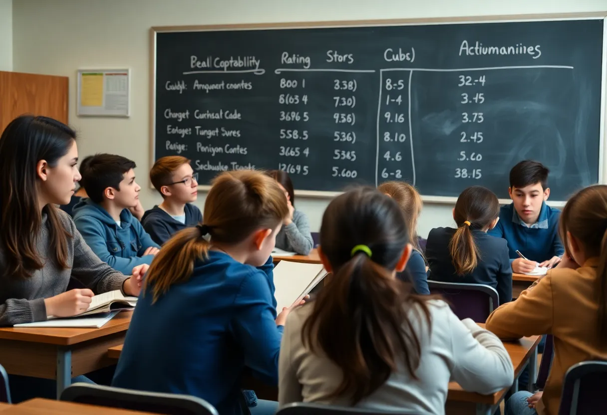 Students in a classroom reviewing Texas school accountability ratings