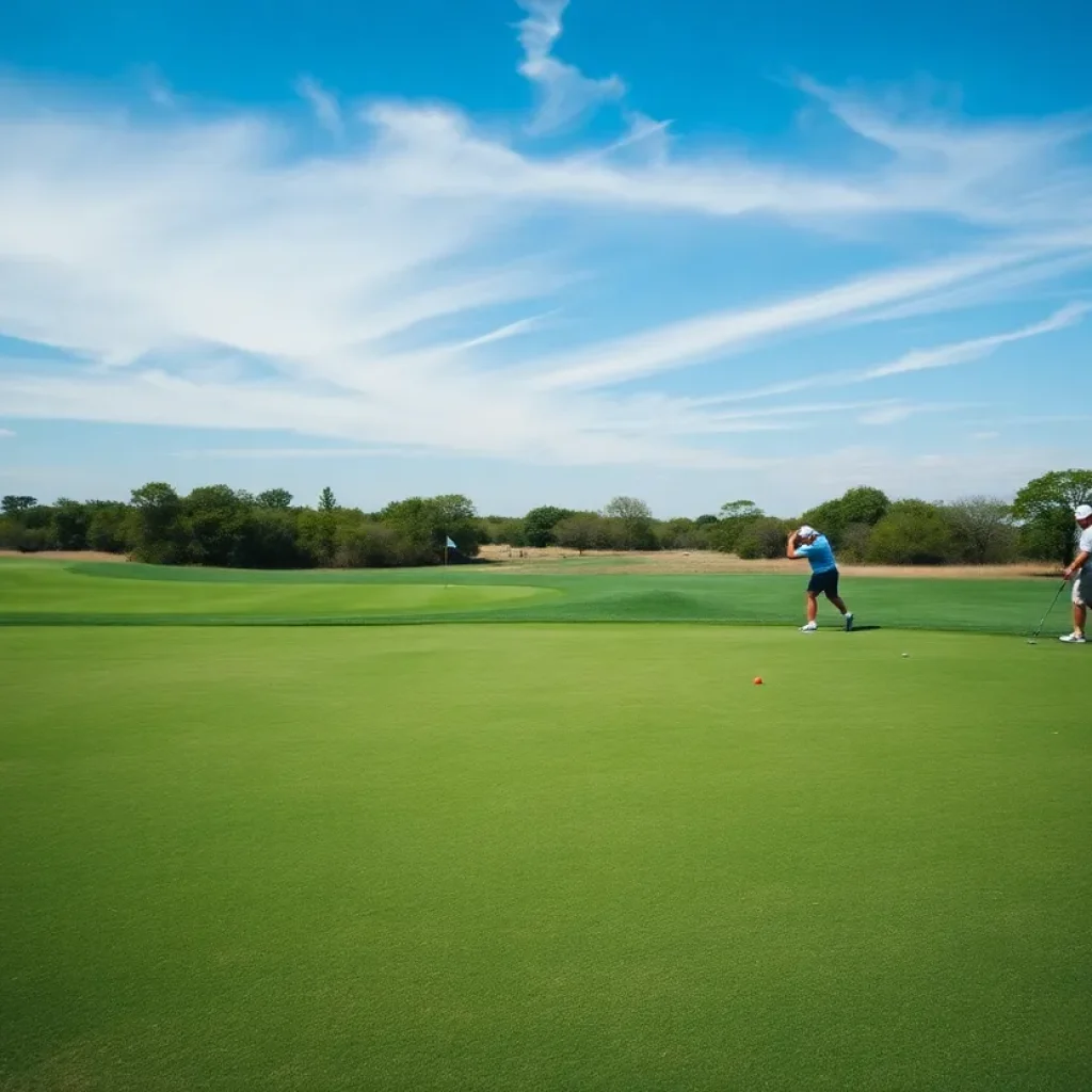 Scenic view of a Texas golf course with lush greenery and blue sky.
