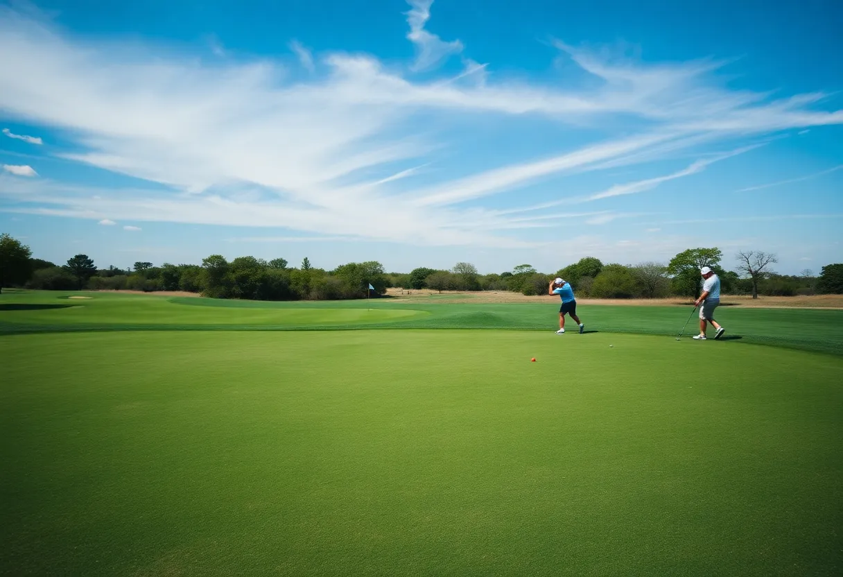 Scenic view of a Texas golf course with lush greenery and blue sky.