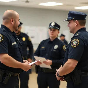 Texas law enforcement officers engaged in a discussion about mental health resources.