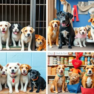 Pets available for adoption in a shelter and pets for sale in a store.