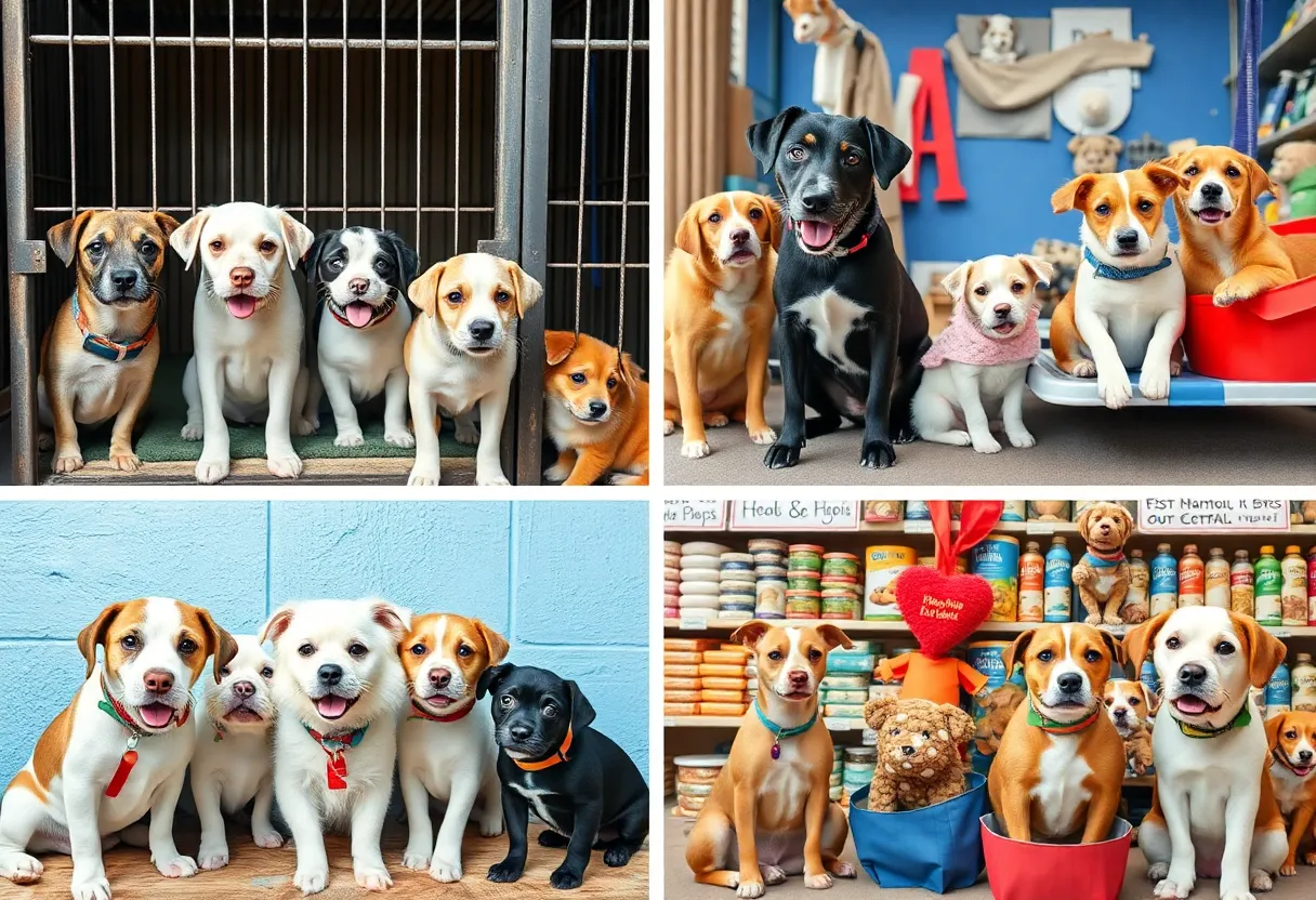 Pets available for adoption in a shelter and pets for sale in a store.
