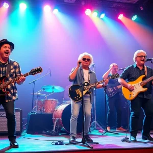 Band performing mashup music on stage