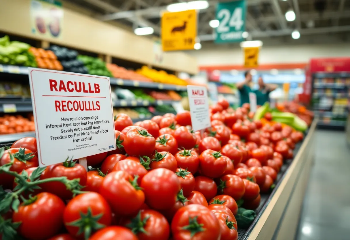 Fresh tomatoes with a recall warning sign